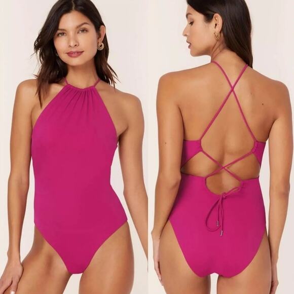 Andie NEW Pink Criss Cross Back High Neck Solid The Saidia One Piece Magenta XL - Picture 3 of 9